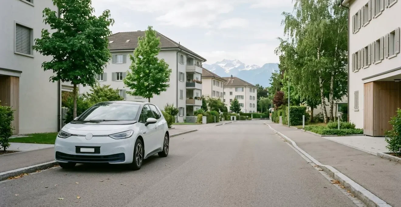 Conducteur occasionnel suisse avec sa voiture électrique garée dans un cadre alpin, symbolisant l'économie et la mobilité responsable