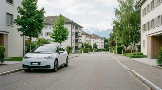 Conducteur occasionnel suisse avec sa voiture électrique garée dans un cadre alpin, symbolisant l'économie et la mobilité responsable