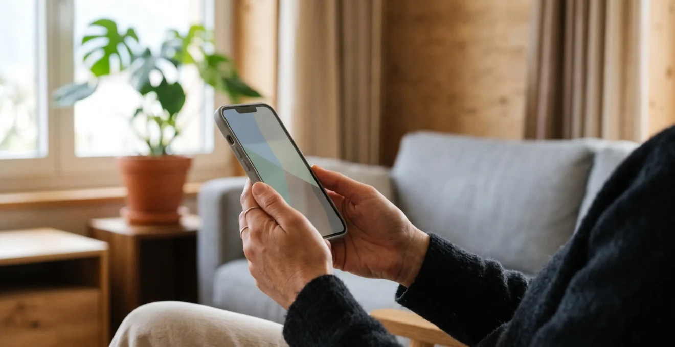 Personne consultant des contrats d'assurance sur smartphone dans un environnement domestique moderne et serein