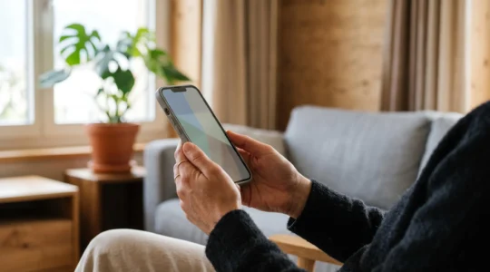 Personne consultant des contrats d'assurance sur smartphone dans un environnement domestique moderne et serein