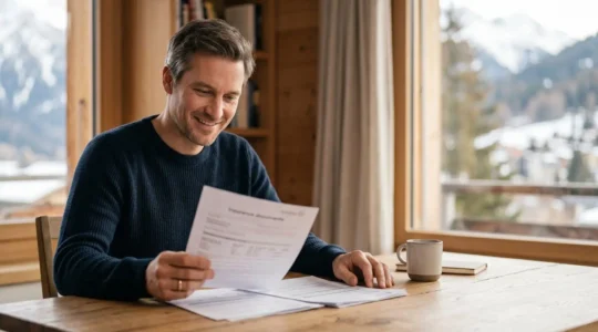 Conducteur consultant son contrat d'assurance automobile avec satisfaction dans un environnement suisse