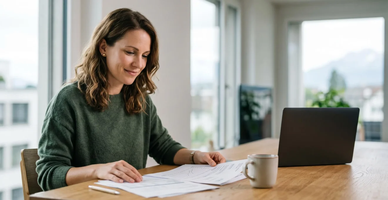 Personne consultant sereinement des documents d'assurance maladie dans un environnement suisse contemporain