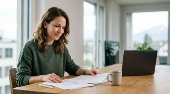 Personne consultant sereinement des documents d'assurance maladie dans un environnement suisse contemporain