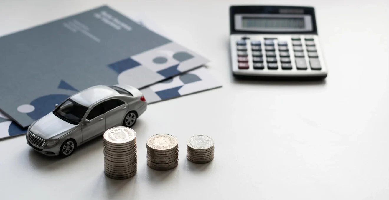 Concept symbolique de choix de franchise pour assurance automobile avec éléments visuels évoquant la protection du véhicule et la stratégie financière