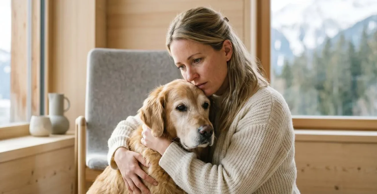 Propriétaire tenant tendrement son animal de compagnie dans un environnement suisse chaleureux symbolisant le lien affectif et la responsabilité financière