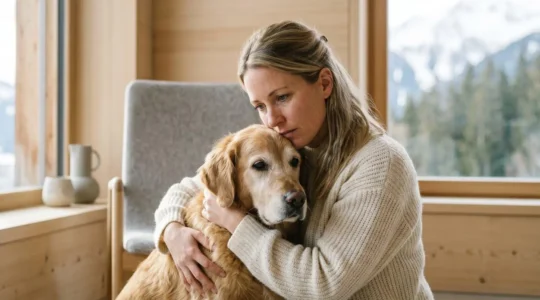 Propriétaire tenant tendrement son animal de compagnie dans un environnement suisse chaleureux symbolisant le lien affectif et la responsabilité financière