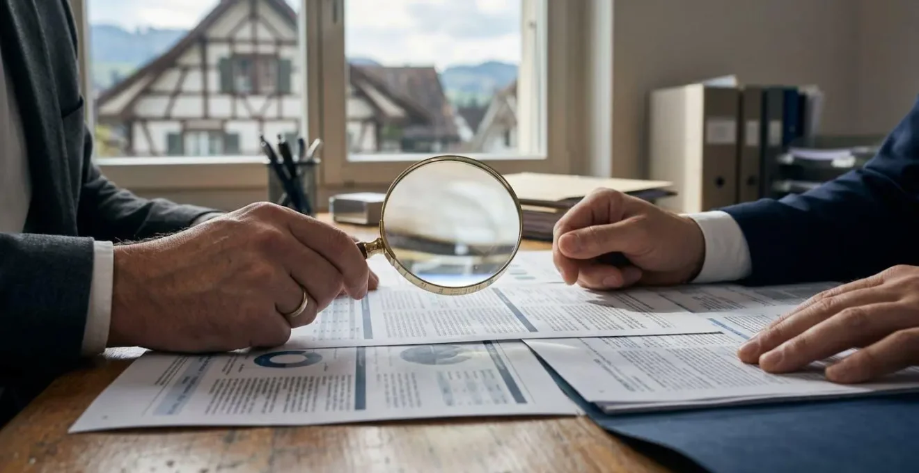 Personne comparant des documents de prévoyance avec une loupe dans un environnement minimaliste