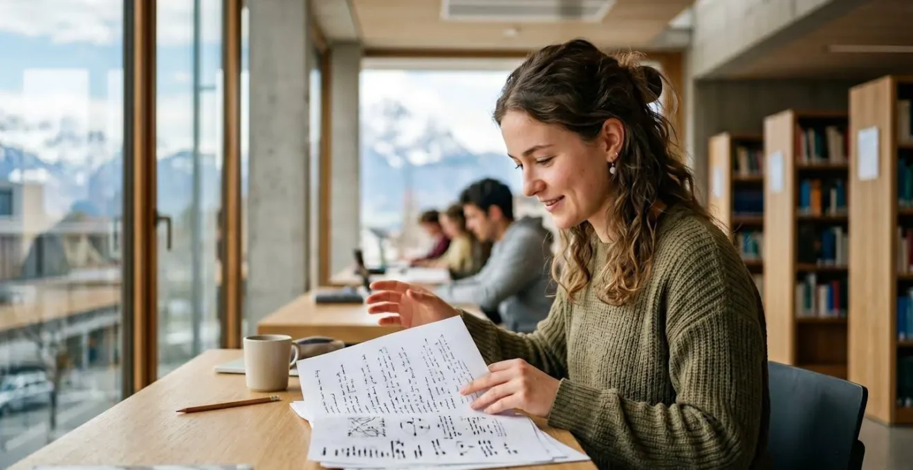 Jeune étudiant dans un environnement universitaire suisse organisant ses documents d'assurance maladie