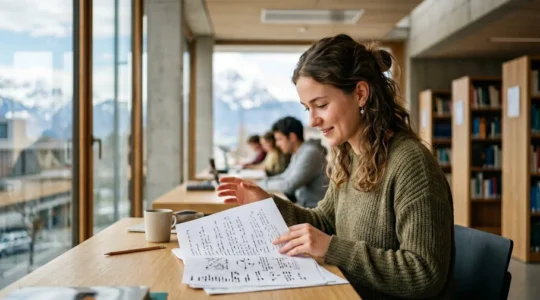 Jeune étudiant dans un environnement universitaire suisse organisant ses documents d'assurance maladie