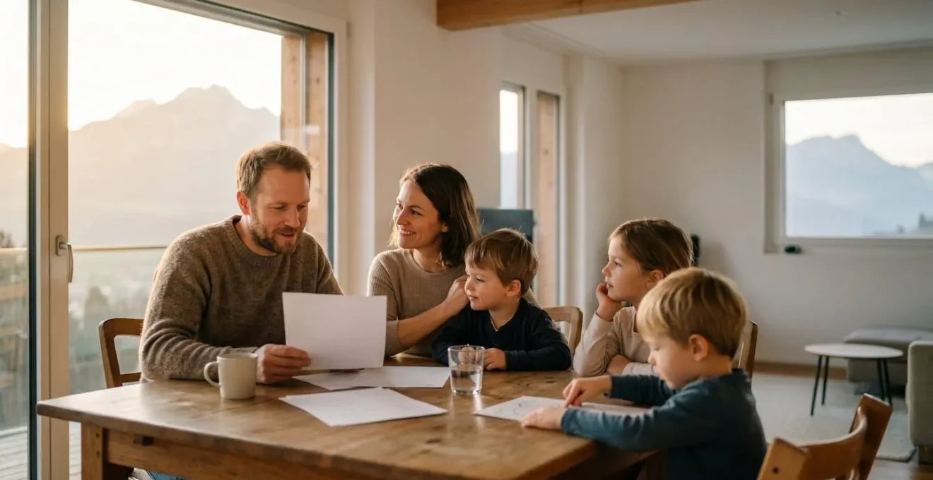 Famille suisse consultant des documents d'assurance maladie pour optimiser leur budget santé