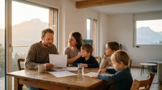 Famille suisse consultant des documents d'assurance maladie pour optimiser leur budget santé