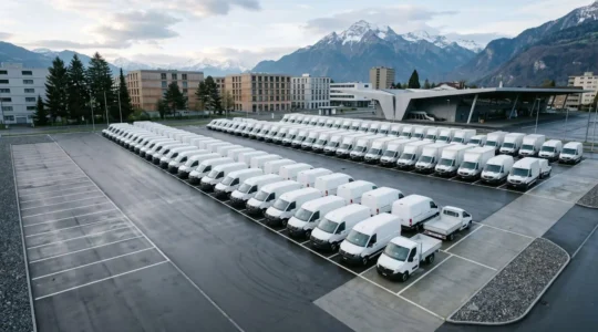 Vue aérienne d'un parc de véhicules professionnels suisses dans un environnement urbain moderne