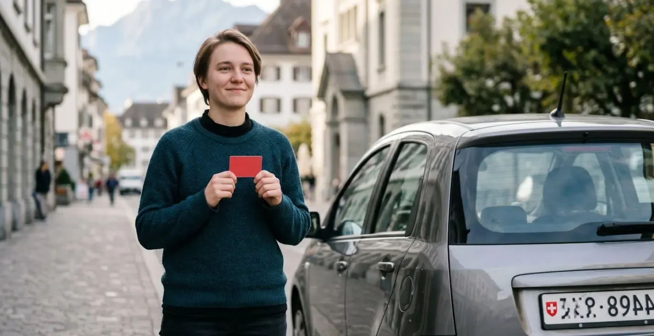 Jeune conducteur suisse tenant fièrement son permis de conduire devant sa première voiture en Suisse