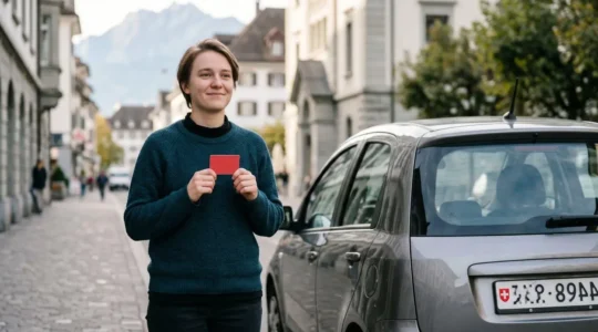 Jeune conducteur suisse tenant fièrement son permis de conduire devant sa première voiture en Suisse