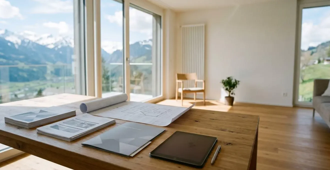 Propriétaire consultant des documents officiels d'assurance bâtiment dans un environnement domestique suisse