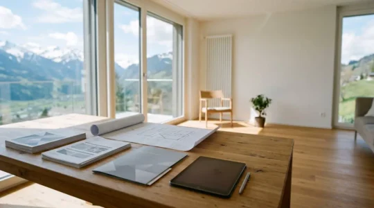 Propriétaire consultant des documents officiels d'assurance bâtiment dans un environnement domestique suisse