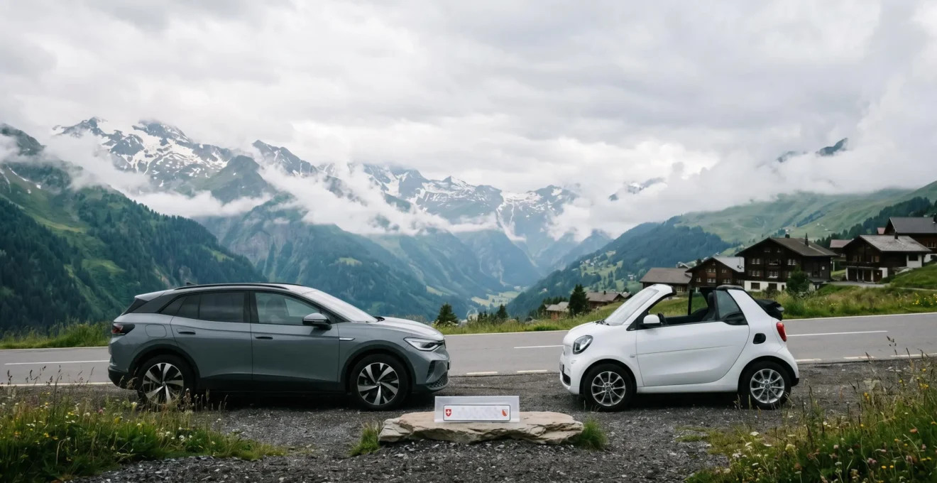 Deux véhicules côte à côte avec un jeu unique de plaques suisses, illustrant le système des plaques interchangeables