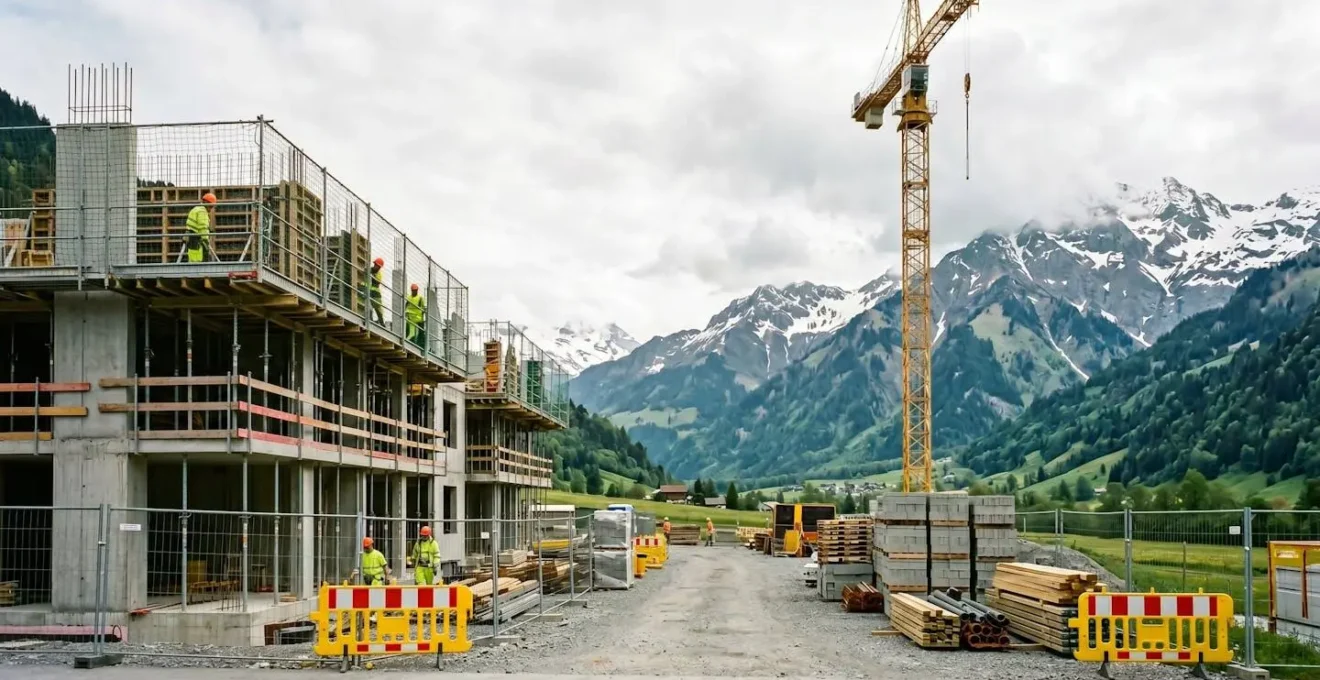 Chantier de construction suisse avec structures protegees illustrant la securisation financiere
