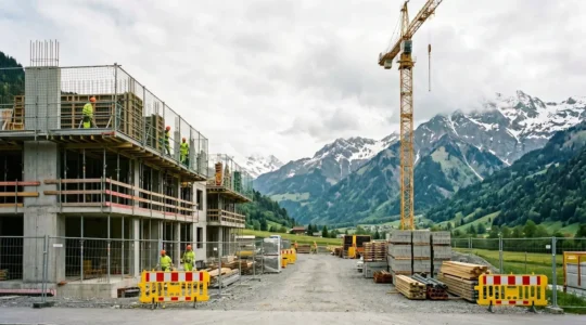 Chantier de construction suisse avec structures protegees illustrant la securisation financiere