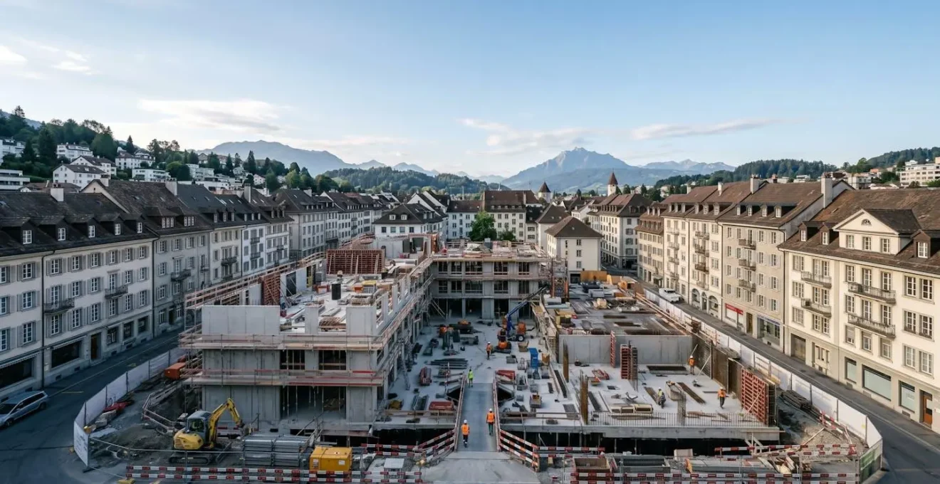 Chantier de construction avec équipements de protection illustrant la responsabilité civile du maître d'ouvrage en Suisse