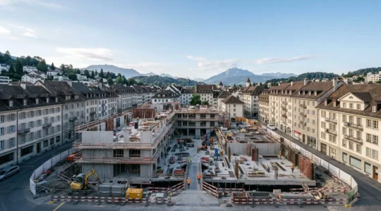 Chantier de construction avec équipements de protection illustrant la responsabilité civile du maître d'ouvrage en Suisse
