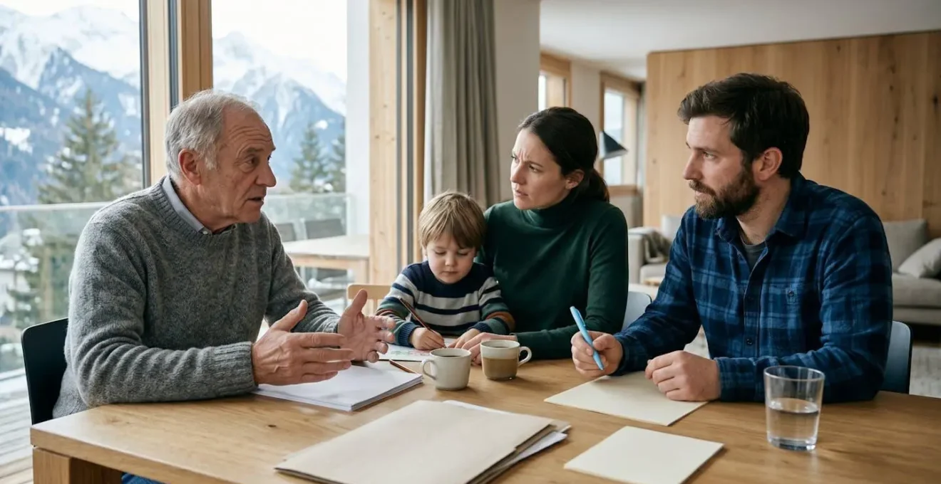 Famille suisse consultant des documents de santé dans un intérieur lumineux avec montagnes en arrière-plan
