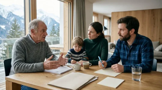 Famille suisse consultant des documents de santé dans un intérieur lumineux avec montagnes en arrière-plan