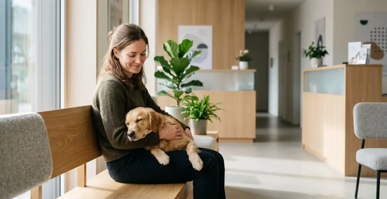 Propriétaire rassuré avec son animal de compagnie lors d'une consultation vétérinaire en Suisse
