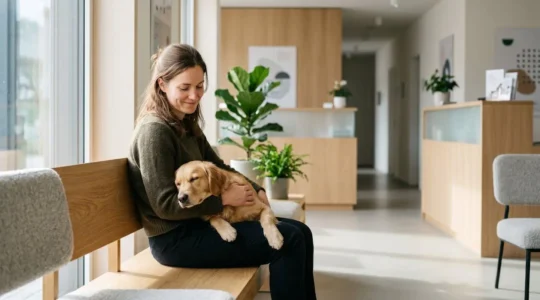 Propriétaire rassuré avec son animal de compagnie lors d'une consultation vétérinaire en Suisse
